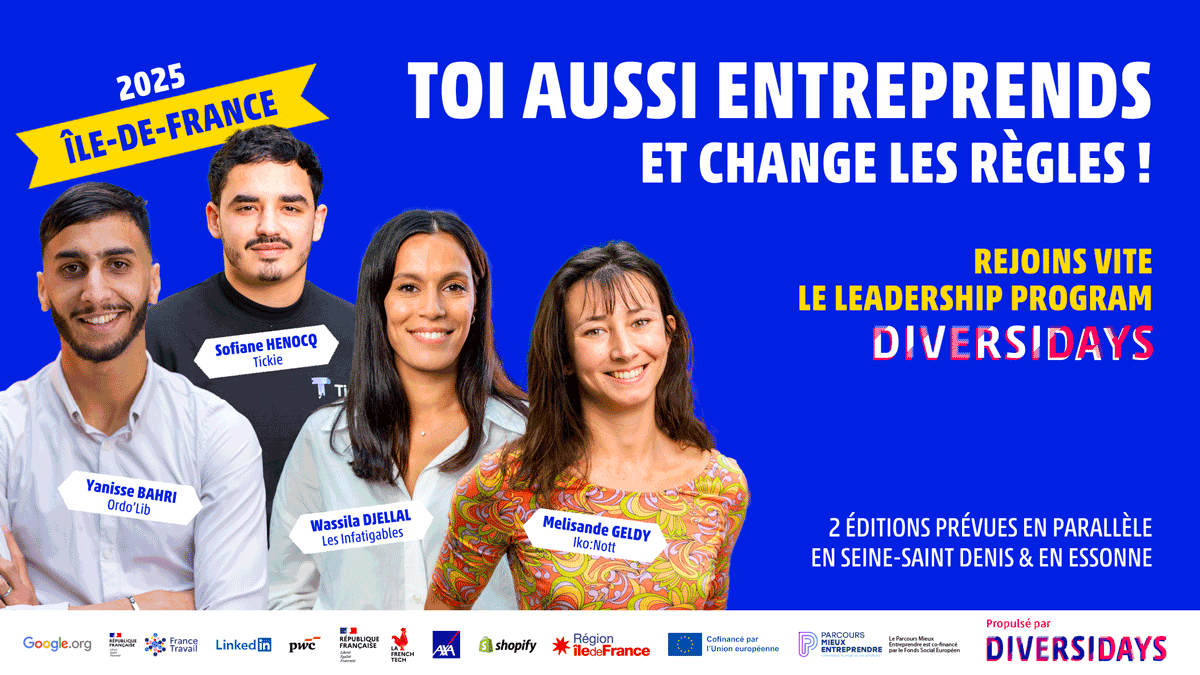 Visuel présentant l'appel à candidature dans le cadre du leadership programme dans le 91 et le 93 par Diversidays