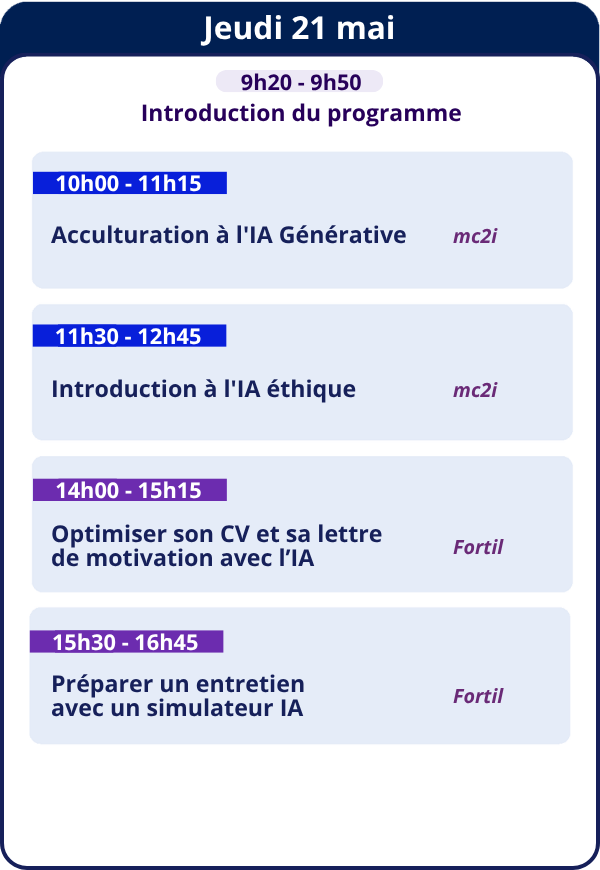 Jeudi 21 mai<br />
9h20 - 9h50<br />
Introduction du programme</p>
<p>10h00 - 11h15<br />
Acculturation à l'IA Générative — mc2i<br />
11h30 - 12h45<br />
Introduction à l'IA éthique — mc2i<br />
14h00 - 15h15<br />
Optimiser son CV et sa lettre de motivation avec l'IA — Fortil<br />
15h30 - 16h45<br />
Préparer un entretien avec un simulateur IA — Fortil