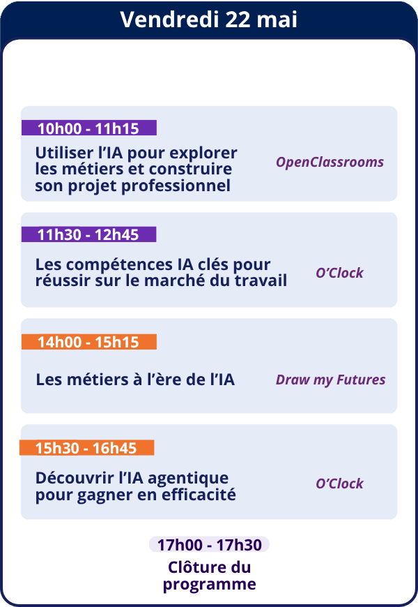 Vendredi 22 mai<br />
10h00 - 11h15<br />
Utiliser l'IA pour explorer les métiers et construire son projet professionnel — OpenClassrooms<br />
11h30 - 12h45<br />
Les compétences IA clés pour réussir sur le marché du travail — O'Clock<br />
14h00 - 15h15<br />
Les métiers à l'ère de l'IA — Draw my Futures<br />
15h30 - 16h45<br />
Découvrir l'IA agentique pour gagner en efficacité — O'Clock</p>
<p>17h00 - 17h30<br />
Clôture du programme