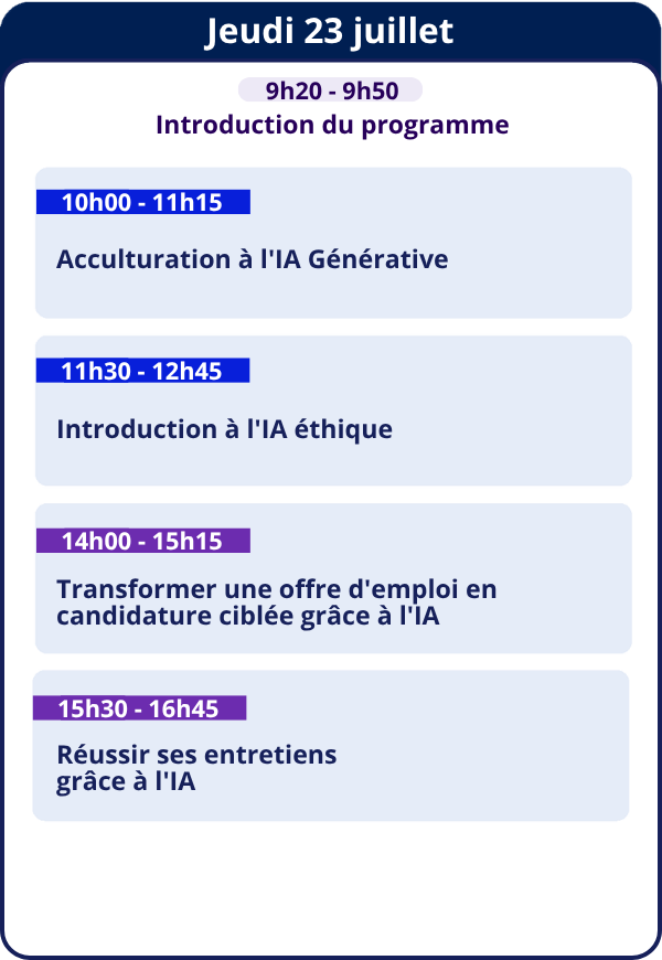 Jeudi 23 juillet — 9h20 - 9h50 Introduction du programme — 10h00 - 11h15 Acculturation à l'IA Générative — 11h30 - 12h45 Introduction à l'IA éthique — 14h00 - 15h15 Transformer une offre d'emploi en candidature ciblée grâce à l'IA — 15h30 - 16h45 Réussir ses entretiens grâce à l'IA